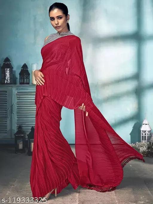 Cerise Pink Plain Half Pleated Japan Satin Saree - Ibis Fab