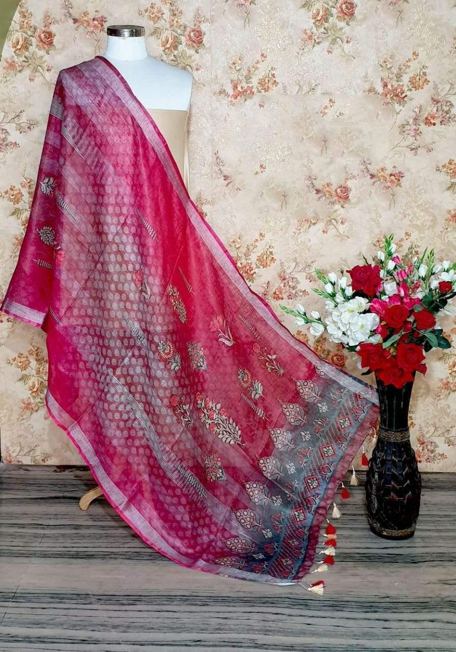 Dark Pink Designer Digital Linen Dupatta - Ibis Fab