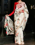 Delightful White colored Designer Printed Pure Linen Designer Saree