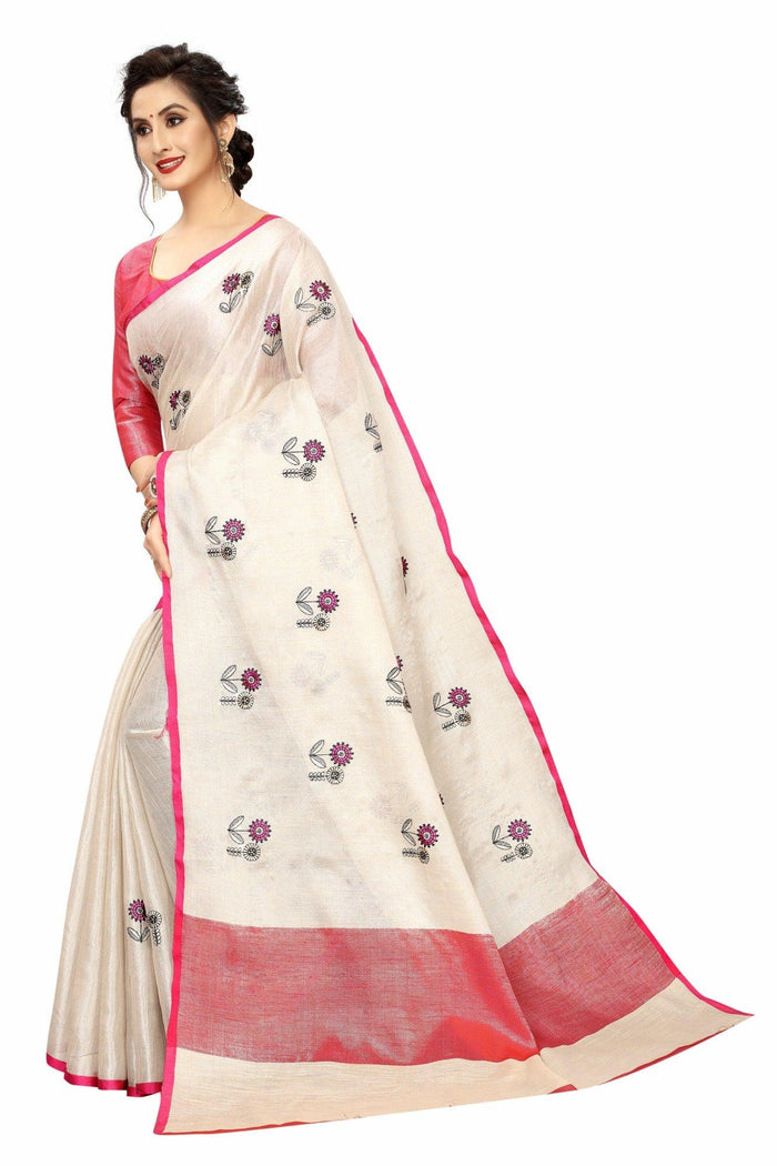Demanding Cream And Red Colored Casual Pure Linen Saree