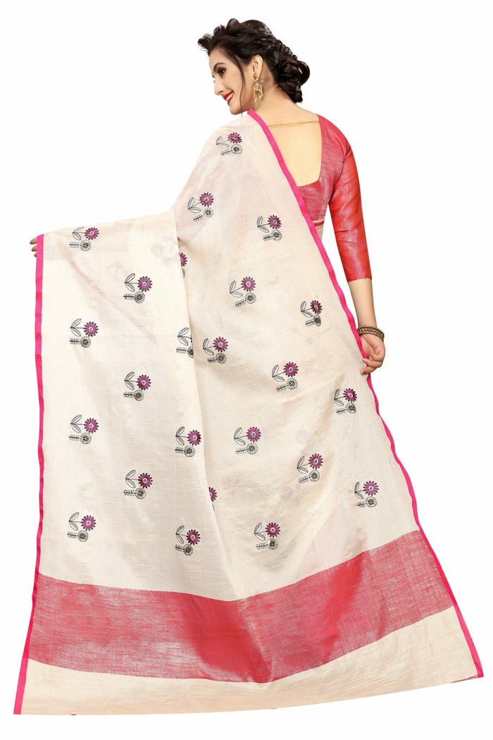 Demanding Cream And Red Colored Casual Pure Linen Saree