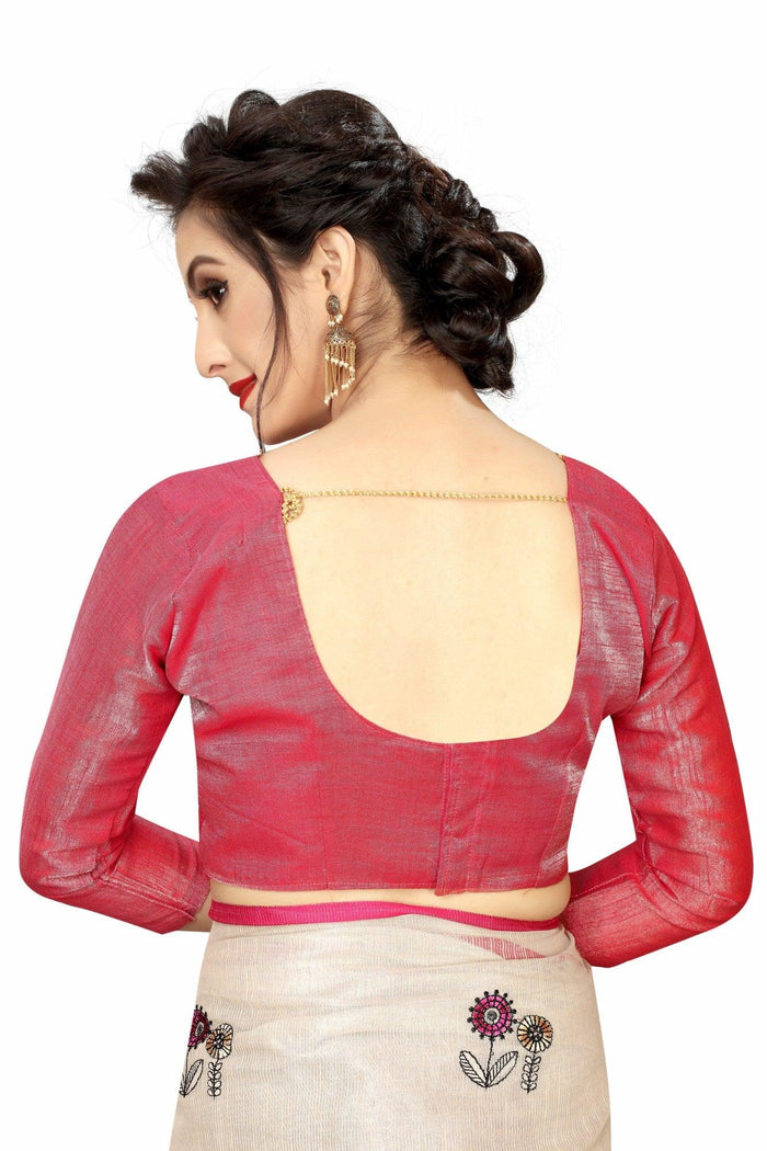 Demanding Cream And Red Colored Casual Pure Linen Saree