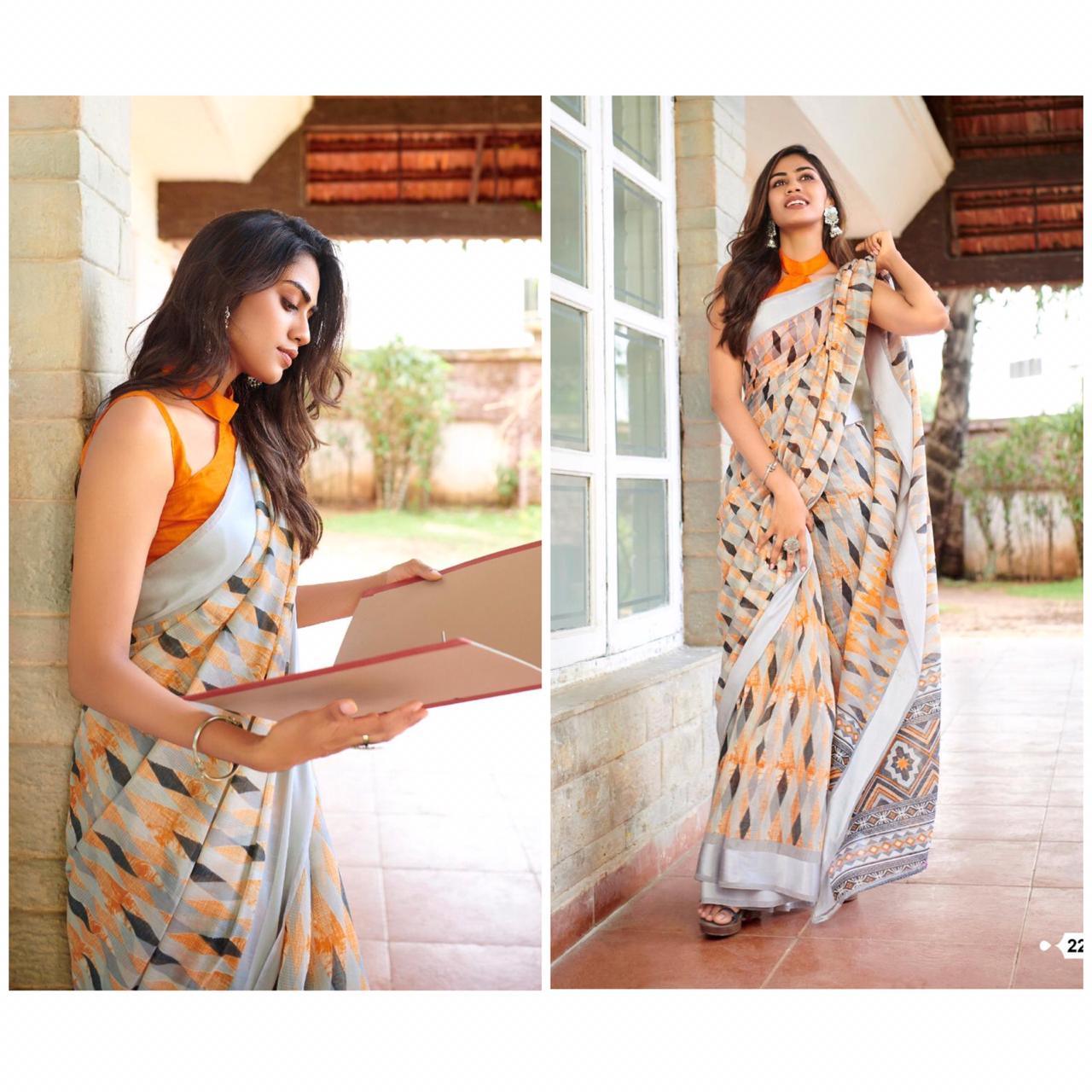 Demanding Grey And Orange Colour Printed Pure Linen Saree For Women - Ibis Fab