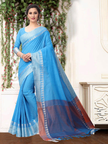 demanding Light Blue Pure Linen Designer Saree