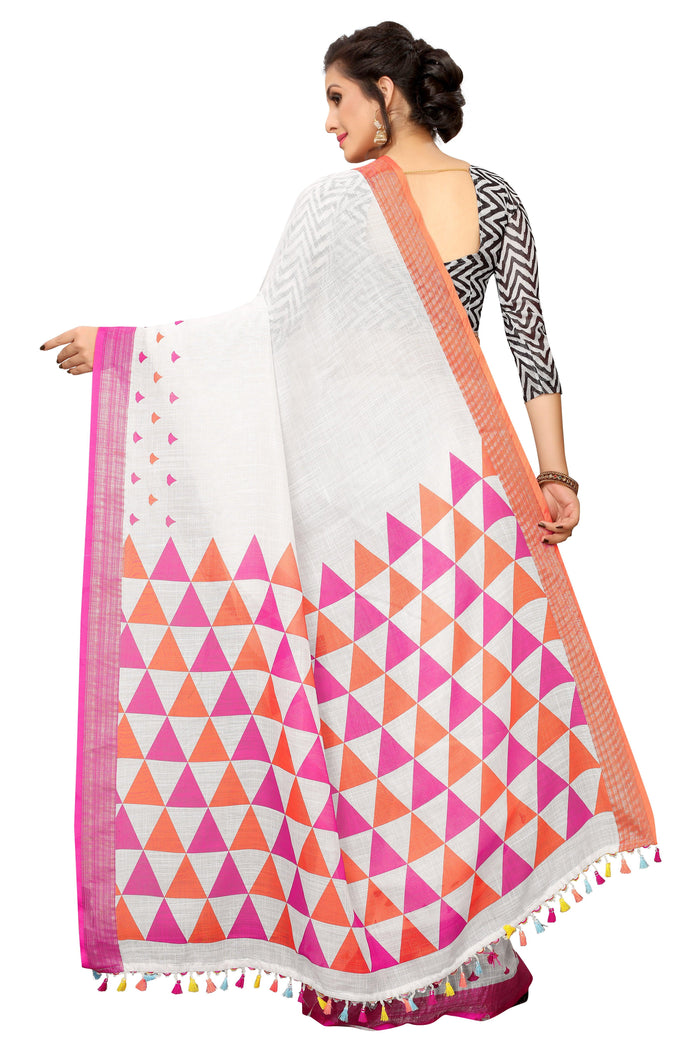 Demanding White Colored Printed  Pure Linen Saree