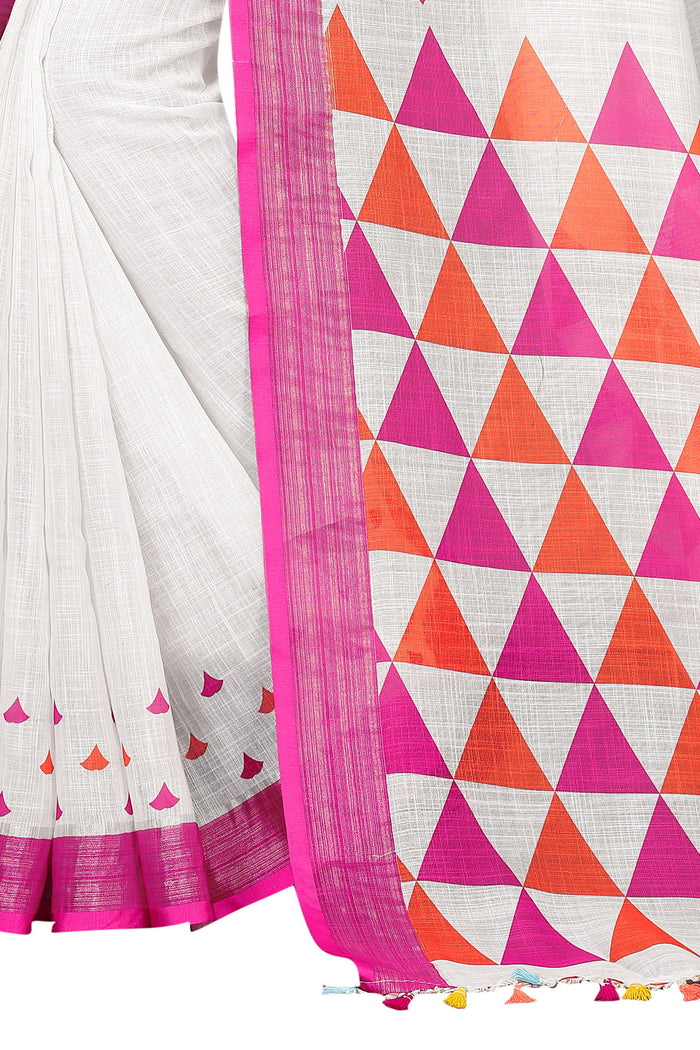 Demanding White Colored Printed  Pure Linen Saree