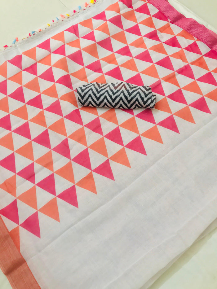 Demanding White Colored Printed  Pure Linen Saree