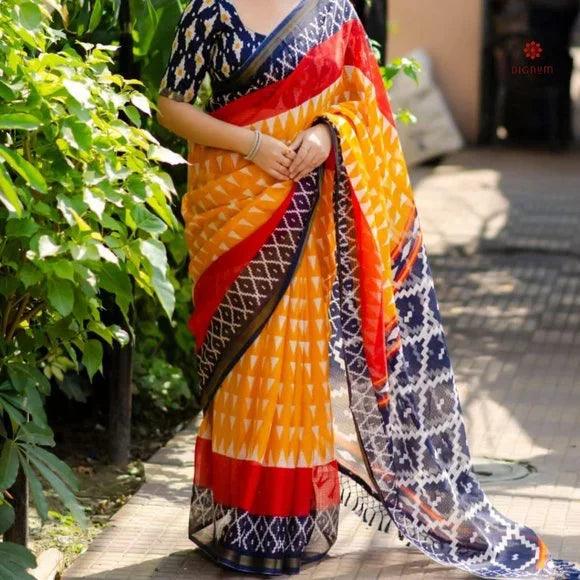 Design Ikkat, Pure Linen Yellow Saree