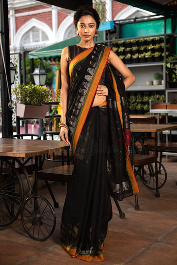 Desirable Black Pure Linen Designer Saree