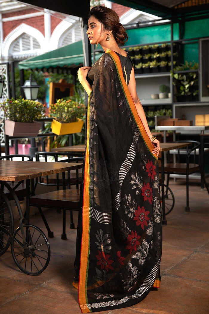 Desirable Black Pure Linen Designer Saree