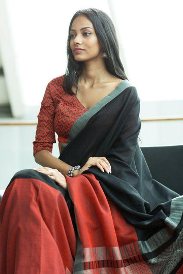 Desirable Black Pure Linen Designer Saree