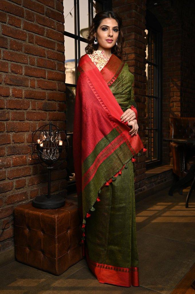 Desiring Women's Mehendi And Red Colour Pure Linen Saree With Blouse Piece
