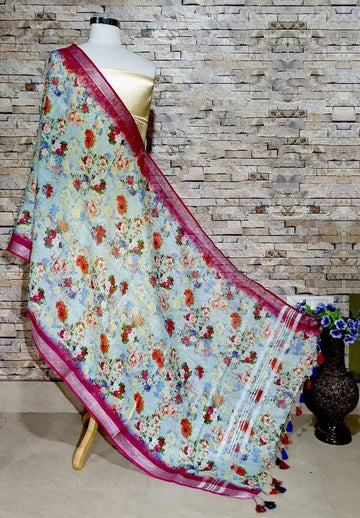 Divine light blue  Floral Print Digital Linen Dupatta