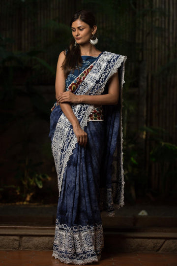 Elegant Indigo Night Blue Linen Designer Printed Saree