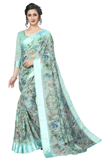 Elegant mint Pure  Linen Designer Saree