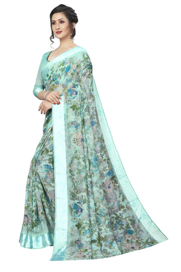 Elegant mint Pure  Linen Designer Saree