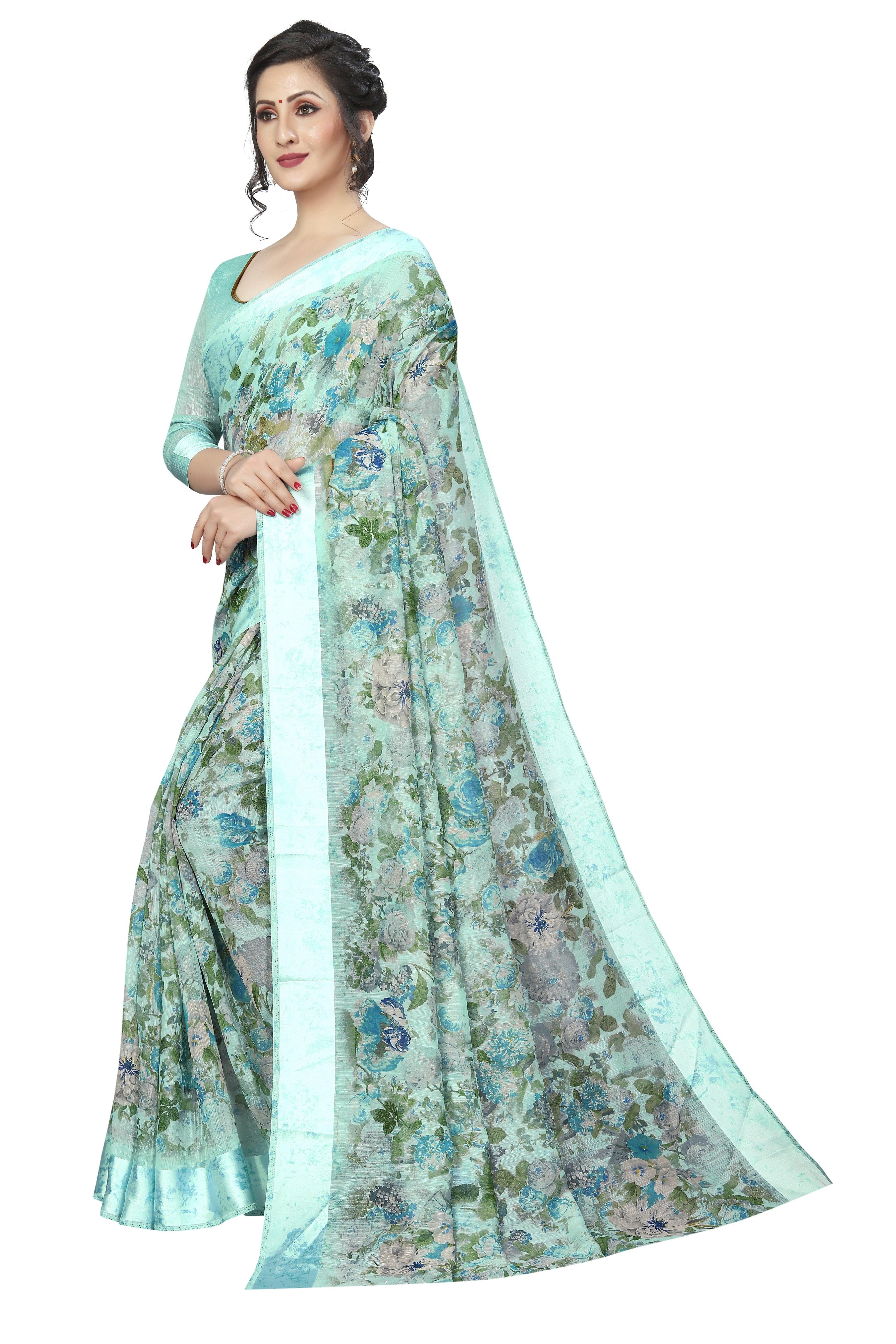 Elegant mint Pure Linen Designer Saree - Ibis Fab