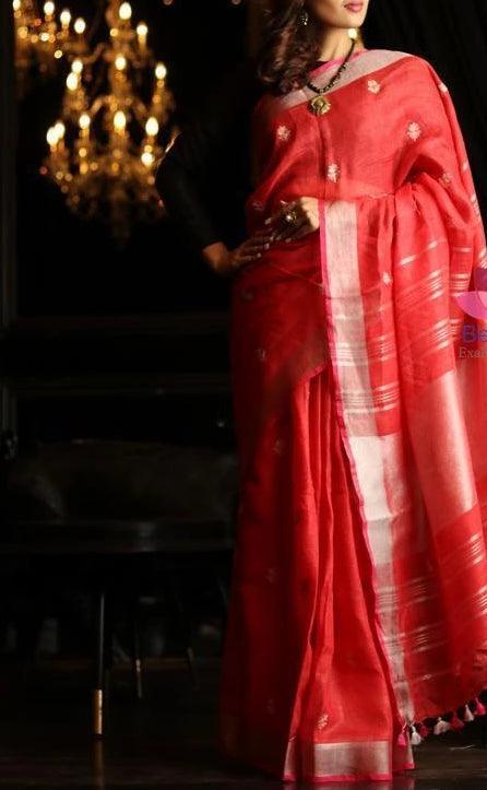 Energetic  Red Colored Festive Wear Linen Saree