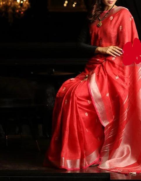 Energetic  Red Colored Festive Wear Linen Saree