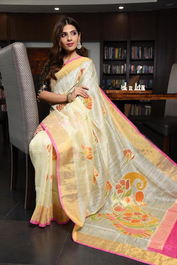 Engrossing Women's Light Yellow Colour Pure Linen Saree With Blouse Piece