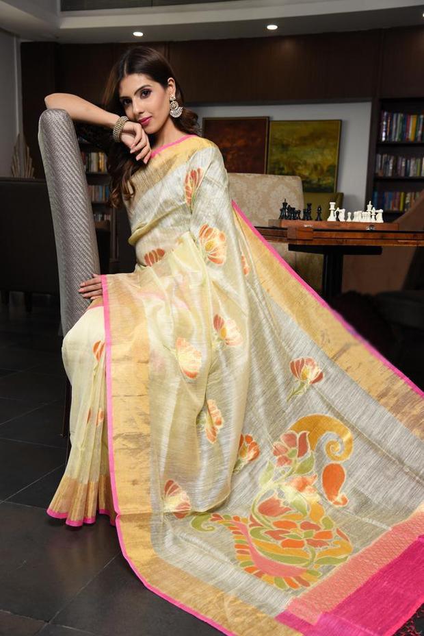 Engrossing Women's Light Yellow Colour Pure Linen Saree With Blouse Piece - Ibis Fab