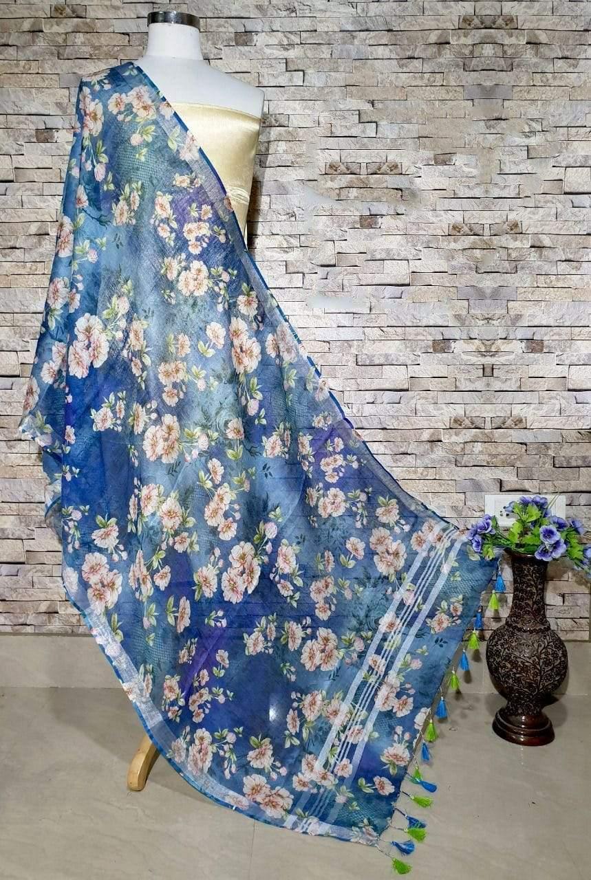 Enticing Dark Blue Floral Print Digital Linen Dupatta - Ibis Fab