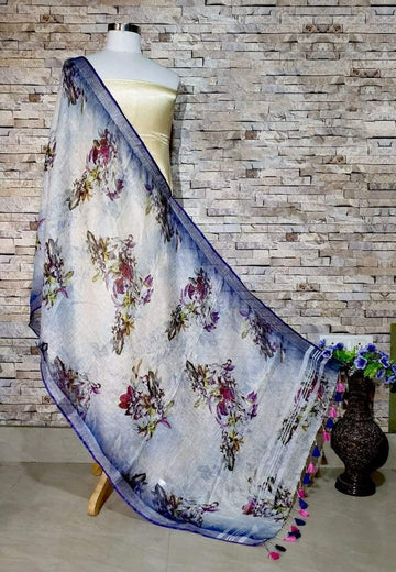 Enticing White Base Blue Border Digital Linen Dupatta