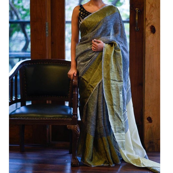Entrancing Grey Colored Festive Wear Pure Linen Designer Saree