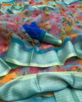 Ethnic Pure Linen light blue Colored Casual Printed Saree