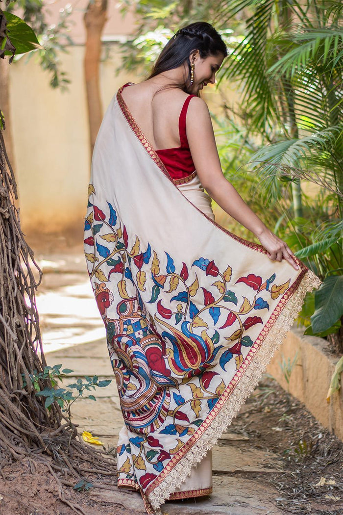 Exceedingly Off White colored Linen Designer printed Saree
