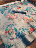 Excellent Pure Linen Light Grey Colored Festive Wear Printed Saree