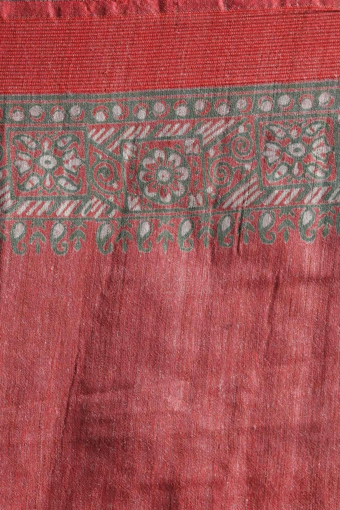 Excellent Red Colored  Festive Wear Printed  Pure Linen Saree