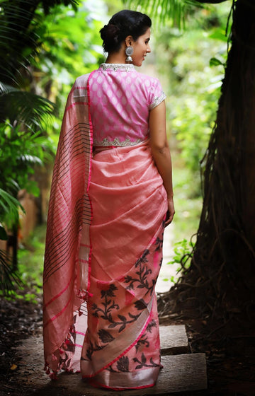 Exclusive Light pink Flora Linen Designer Printed Saree