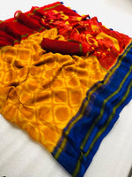 Exotic Pure Linen Yellow And Red Colored Casual Printed Saree - Ibis Fab