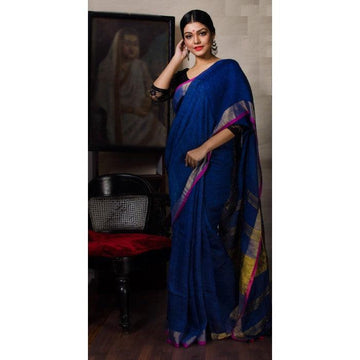 Eye-catching Dark Blue  Premium Linen Saree