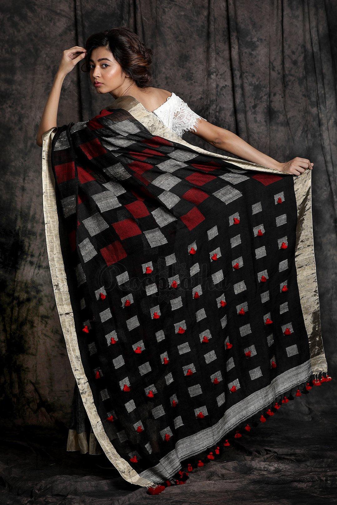 Eye-catching Dark Grey Casual Printed Pure Linen Saree - Ibis Fab