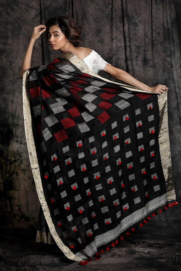 Eye-catching Dark Grey Casual Printed Pure Linen Saree