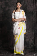 Eye-catching White And Yellow Colored  Festive Wear Printed  Pure Linen Saree