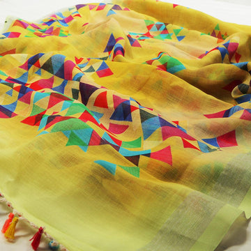 Eye-catching Yellow Casual Printed Pure Linen Saree