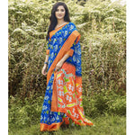 Fantastic Blue And Orange Party Wear Pure linen Printed Saree - Ibis Fab