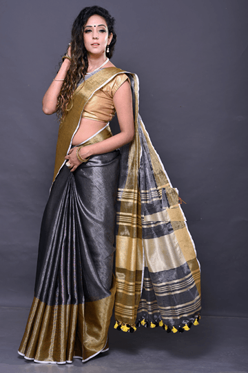 Fantastic Dark Grey Pure Linen Designer Saree