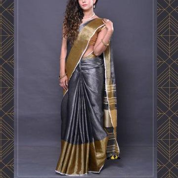 Fantastic Dark Grey Pure Linen Designer Saree