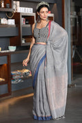 Fantastic Grey Colored  Festive Printed  Pure Linen Saree
