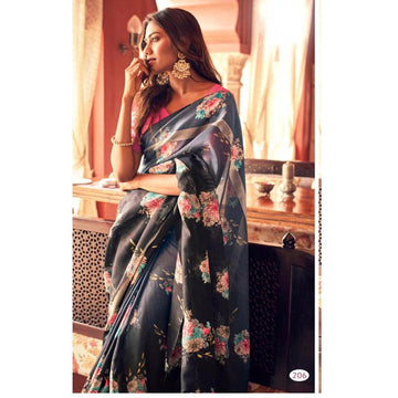 Fantastic NavyBlue Colour Printed Pure Linen Saree For Women