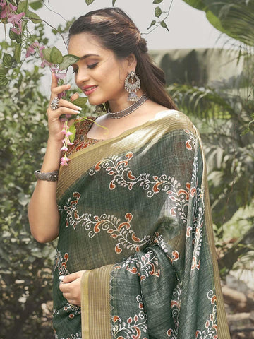 Festive Wear, Dark Green Printed Soft Silk Saree