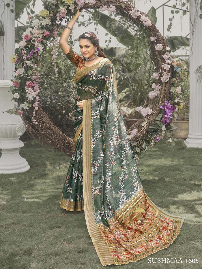 Festive Wear, Dark Green Printed Soft Silk Saree
