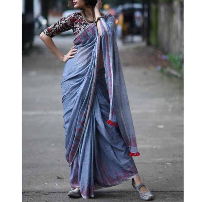 Flamboyant Blue  Colored Festive Wear Pure Linen Designer Saree
