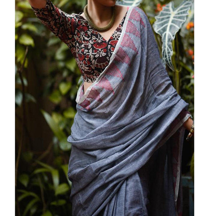 Flamboyant Blue  Colored Festive Wear Pure Linen Designer Saree