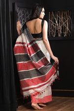 Flamboyant White And Red Colored Festive Wear Printed Pure Linen Saree - Ibis Fab