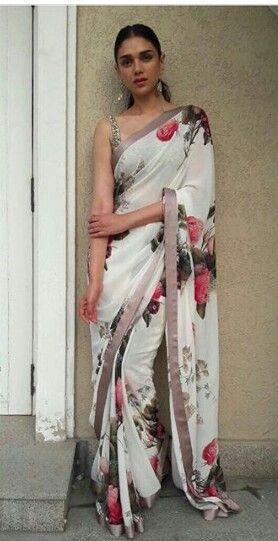 Flattering White Flowered Printed Partywear Linen Designer Saree